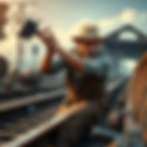 John Henry swinging a hammer while working on a railroad track, showcasing his strength and determination.
