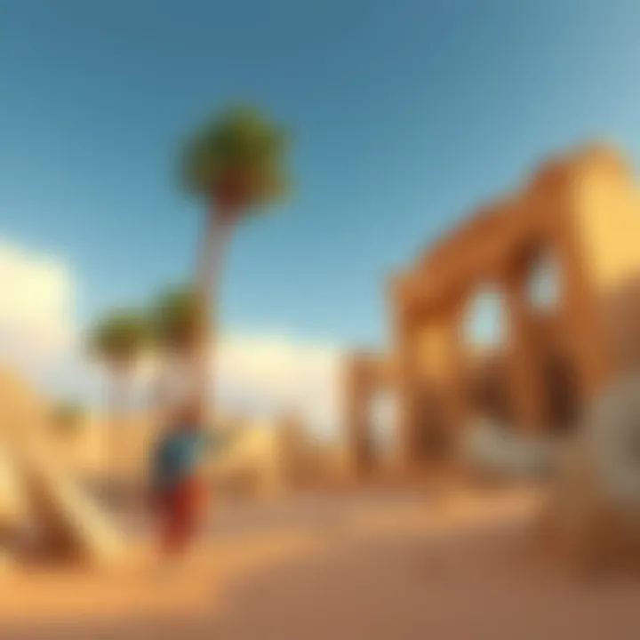 John Keel exploring ancient ruins in Egypt with palm trees and desert landscape