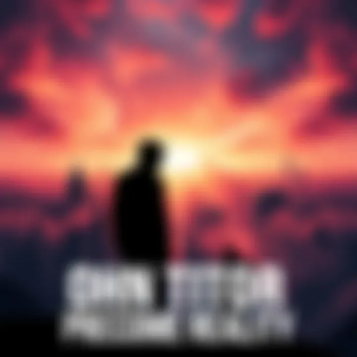 A futuristic view of a divided city representing civil unrest, with a silhouette of a man looking towards the horizon.