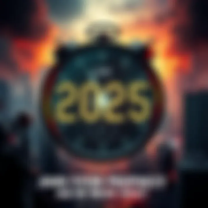 John Titor's Prophecy A digital clock showing the year 2025 with a background of a futuristic city in chaos, symbolizing potential conflict