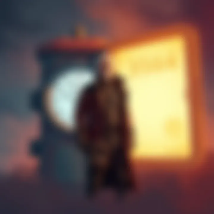 Illustration of a man in a futuristic outfit standing beside a time machine with a clock showing the year 2564