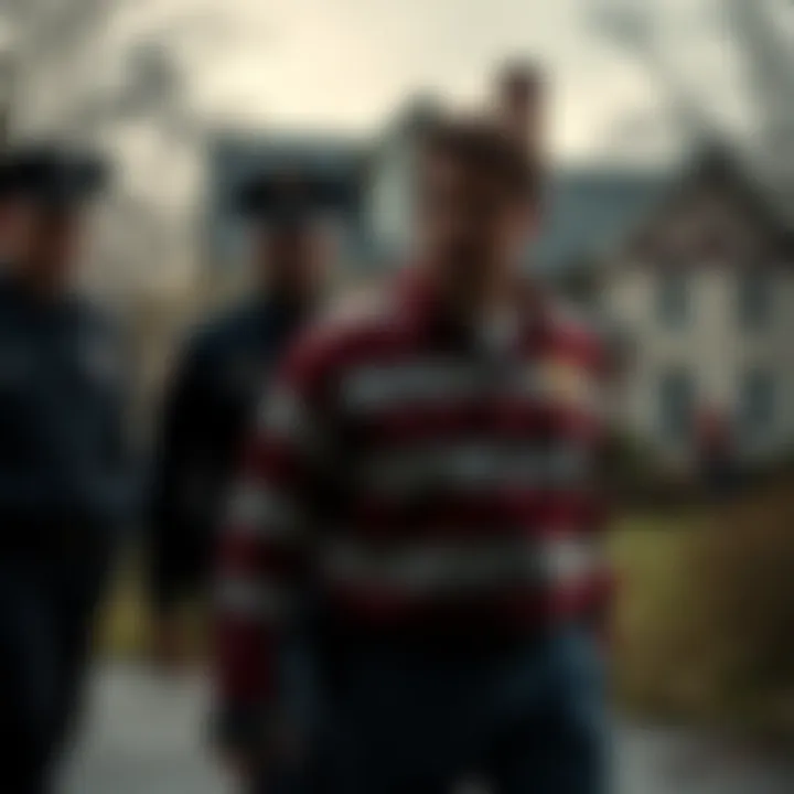 John Wayne Gacy with police officers John Wayne Gacy being led away by police officers after his arrest, with a house in the background hinting at hidden secrets.