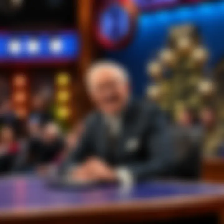 Johnny Carson hosting his Late Night show, smiling and engaging with the audience, surrounded by a studio set with bright lights and a desk.