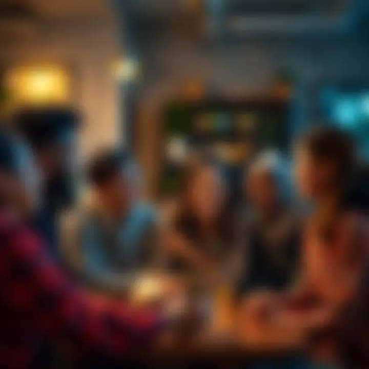 A diverse group of people smiling and engaging in conversation in a cozy environment, representing community and shared interests.