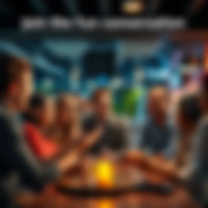 A group of diverse people chatting in a casual setting, sharing ideas about their 'big 3'