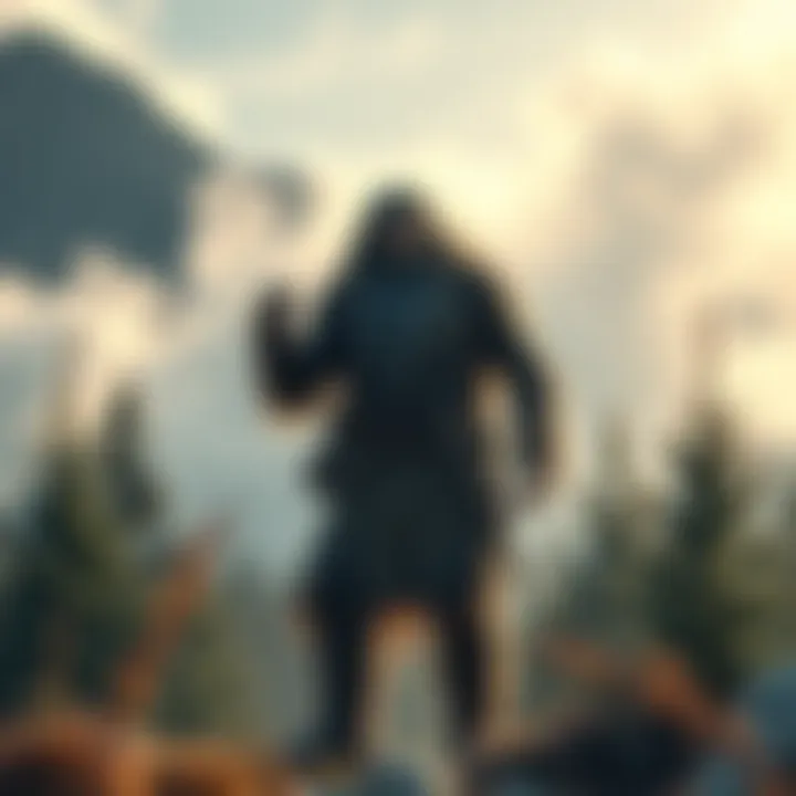 A depiction of the Jondor, a wild hairy man, standing in the mountains of Tajikistan surrounded by trees and mist.
