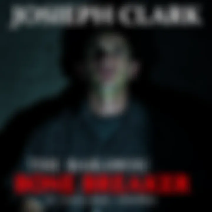 A dark scene depicting Joseph Clark in a prison uniform, with shadows cast around him, symbolizing his chilling crimes and obsession with breaking bones.