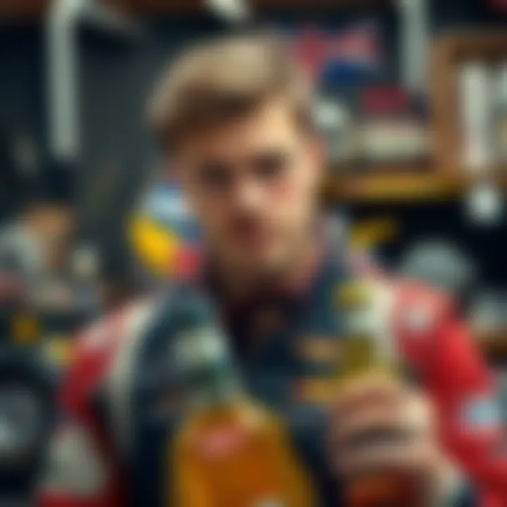 Josh Owens with bandages, showing signs of injuries while holding liquor bottles in a workshop setting