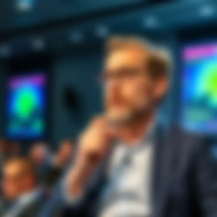 Scientist Joshua Le Blanc speaks at a conference about conspiracies in healing science, with a thoughtful expression and presentation slides in the background.