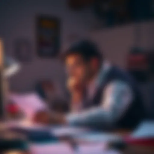 A journalist sits at a desk surrounded by notes, looking contemplative as they ponder their experiences.