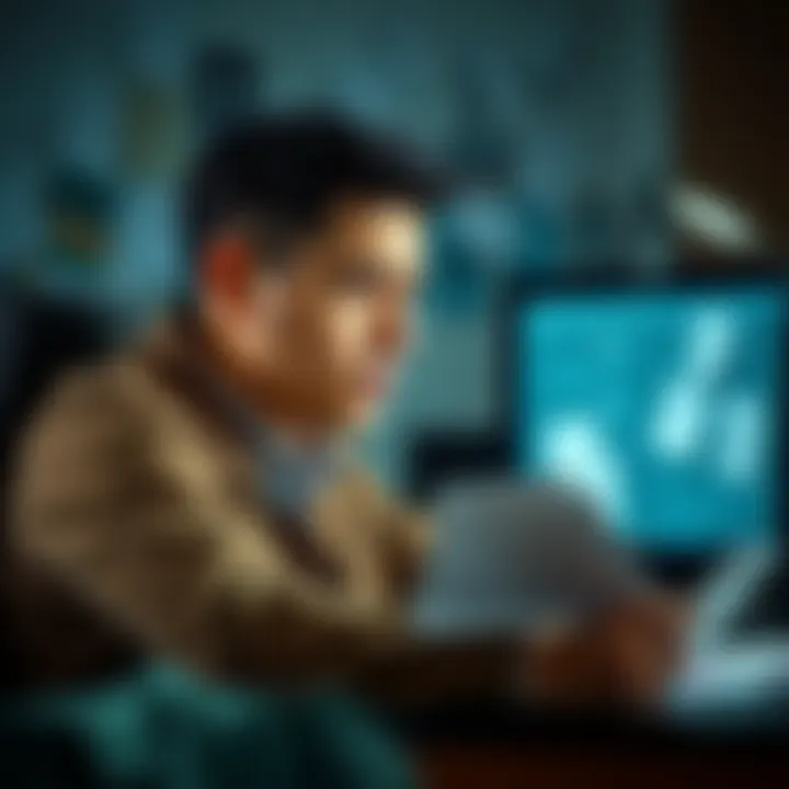 Journalist in Front of Computer A 31-year-old journalist looking worried at their computer screen, papers scattered around, symbolizing the struggle between career and personal beliefs.