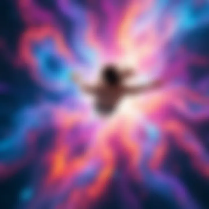 A person flying through vibrant cosmic colors, experiencing transformation and self-discovery amidst swirling galaxies and shattered identities.