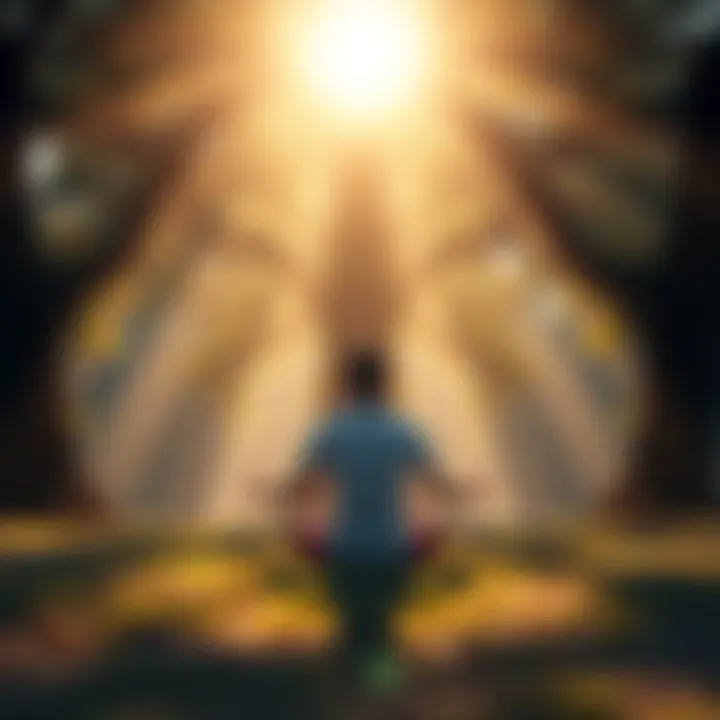 A person meditating under a tree A person sitting cross-legged on the ground while meditating under a large tree, surrounded by soft light, symbolizing inner peace and enlightenment.