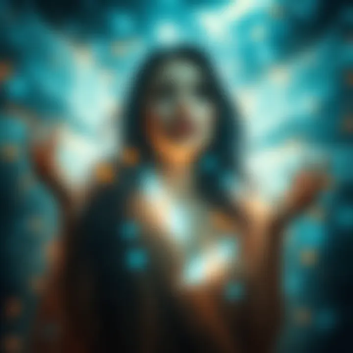 A surreal depiction of a woman surrounded by ethereal beings of light, contrasting her earthly pain with celestial tranquility.