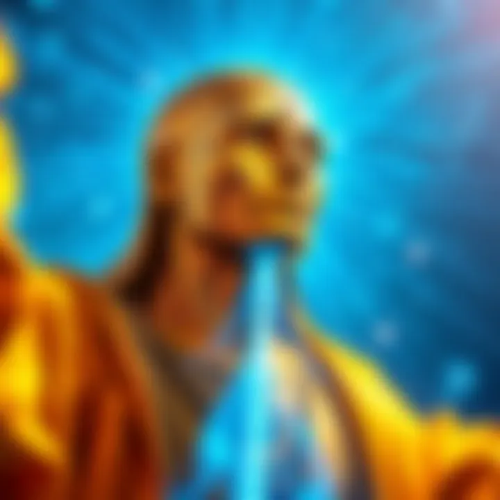 Journey Beyond: Encounter with the Divine A golden-skinned figure radiating a blue aura, symbolizing spiritual enlightenment and celestial connection.