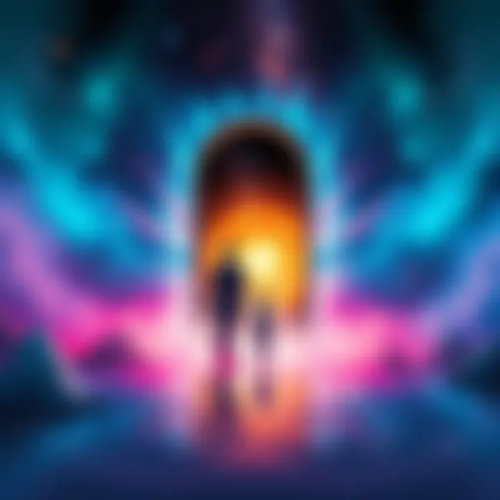A serene illustration depicting a glowing portal door surrounded by cosmic colors and silhouettes of two individuals preparing for astral travel.