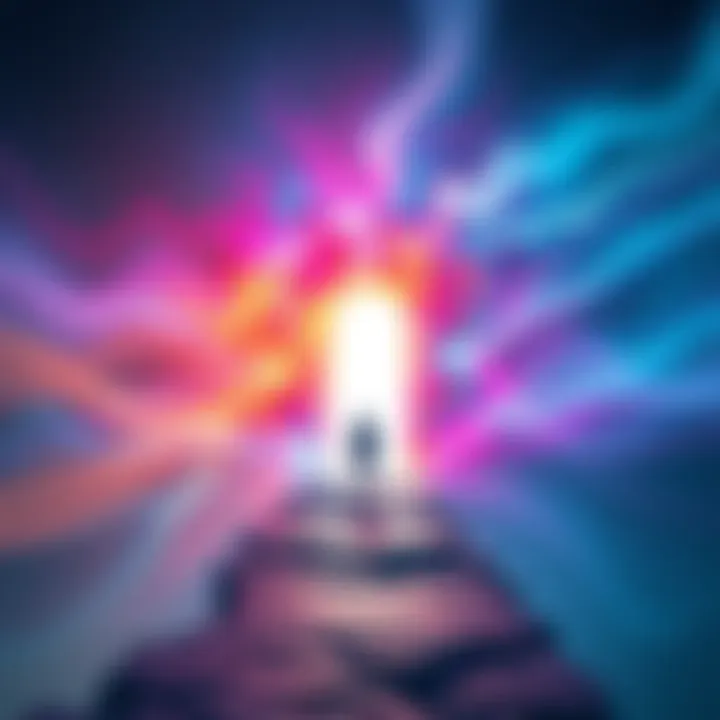 A person standing on the edge of a vibrant portal, ready to step into a new reality, surrounded by colorful energy waves.