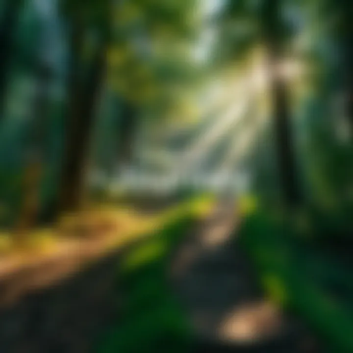 A winding path in a serene forest with sunlight filtering through the trees, symbolizing life's journey