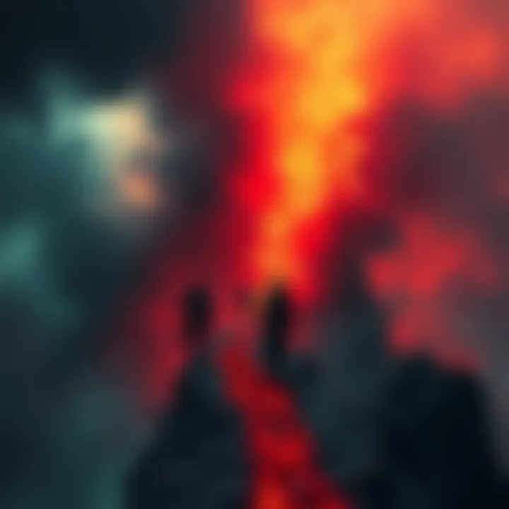 An abstract representation of a soul navigating through dark, tumultuous landscapes, symbolizing hellish near-death experiences and the battle for spiritual enlightenment.