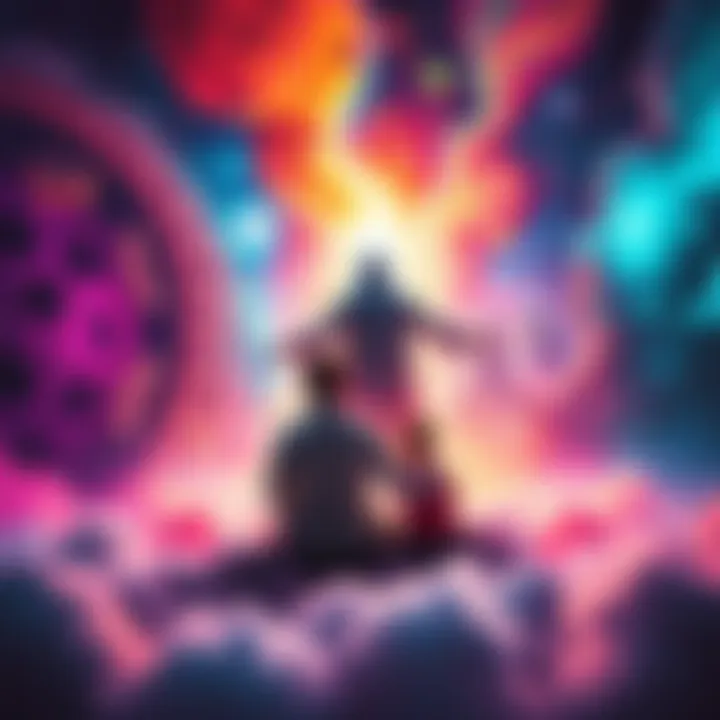 A person experiences a dream with family in the 4th dimension, surrounded by vibrant colors and a mysterious being.