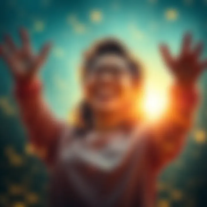 A person smiling with arms raised, surrounded by a glowing aura, symbolizing joy and gratitude for unexpected wealth