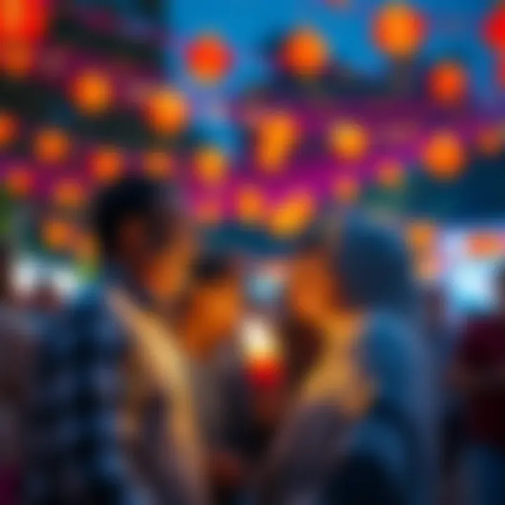 People celebrating happiness and joy at an outdoor event with bright decorations and smiles