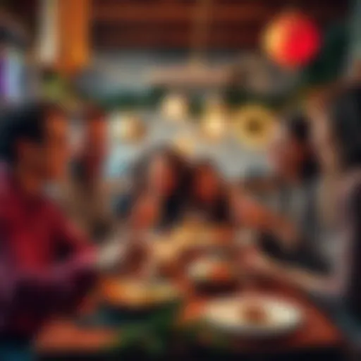 A group of friends laughing and enjoying a small gathering, sharing food and drinks, with festive decorations around them.