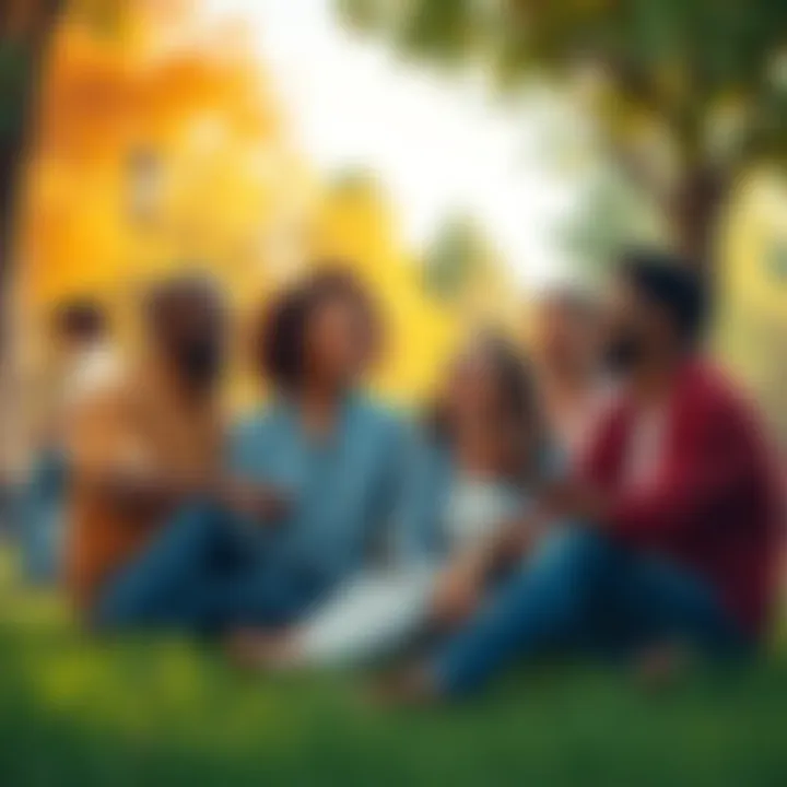 A vibrant illustration depicting diverse people laughing together in a park, representing the power of humor in building community