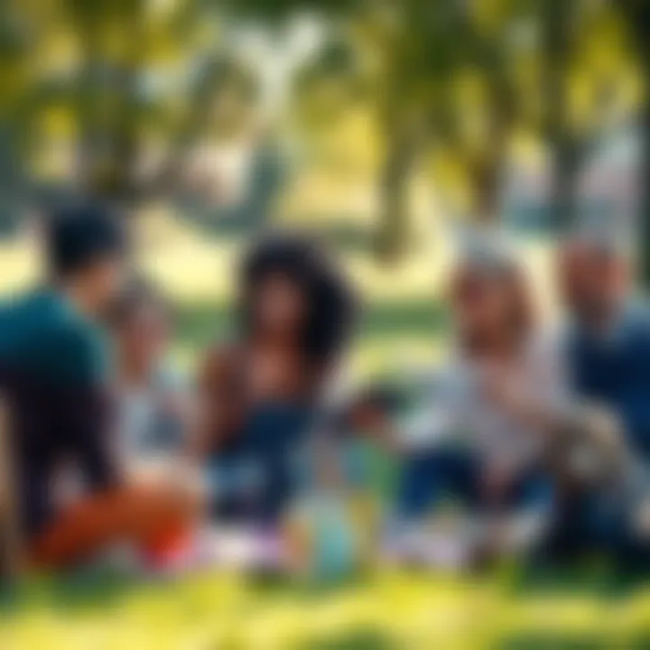 A group of diverse friends enjoying a picnic, laughing and sharing stories in a sunny park.
