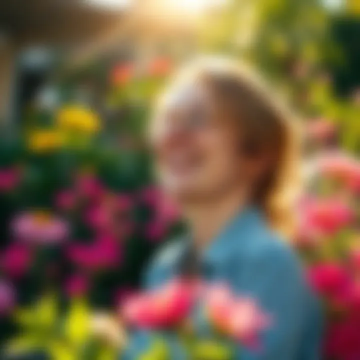 A person smiling while enjoying a sunny day, radiating happiness despite past heartbreak, surrounded by flowers and nature.