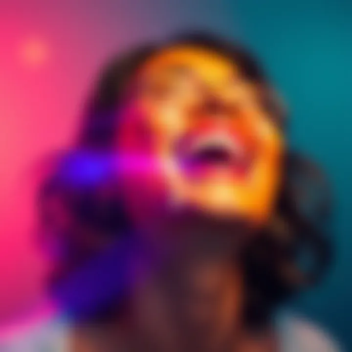 A person experiencing a moment of sudden enlightenment, laughing joyfully while tears of happiness stream down their face, surrounded by a warm, colorful light.