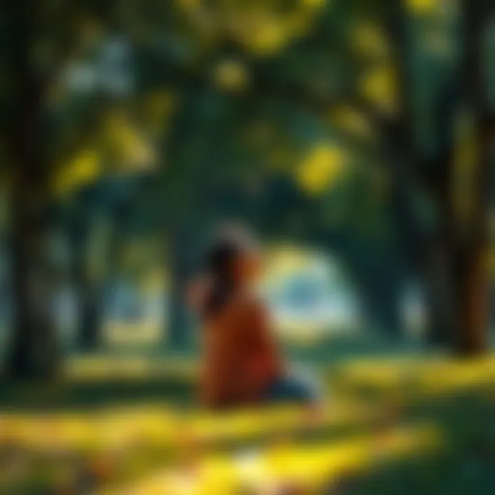 A person enjoying a quiet moment in a peaceful park, surrounded by trees and sunlight, reflecting on life's simple joys.