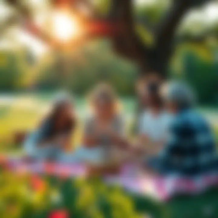 A group of friends laughing and enjoying a picnic outdoors under a tree, surrounded by flowers and sunlight.