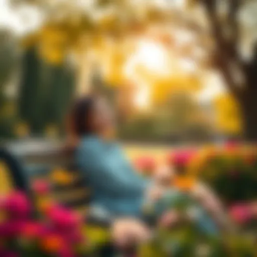 A person sitting on a park bench, enjoying a sunny day surrounded by flowers and trees, smiling softly as they appreciate the beauty around them.