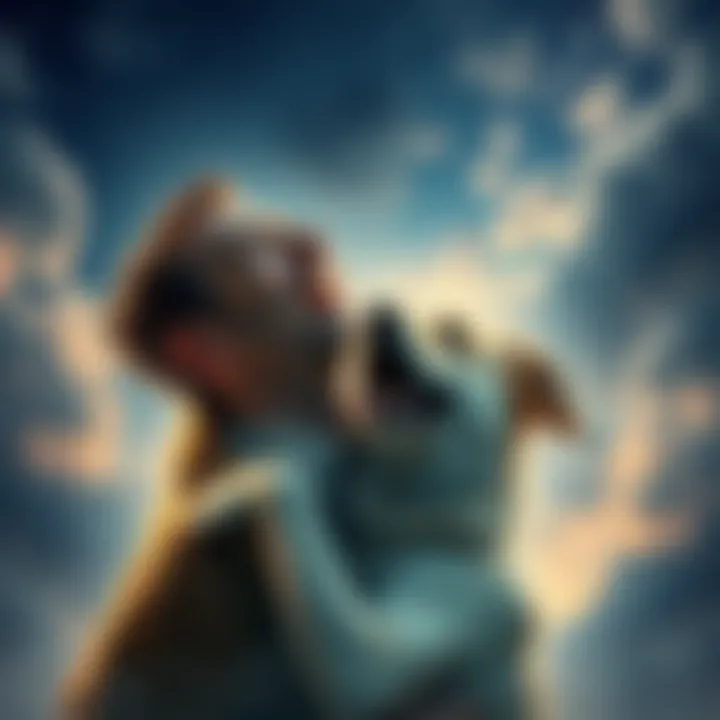 A joyful reunion with a dog in a dream A man joyfully embracing a dog in a dreamlike setting, representing a deep bond between them.