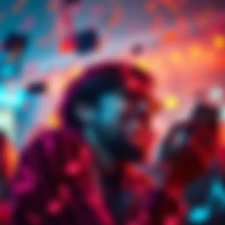 A person joyfully looking at their phone, surprised by a message, surrounded by musical notes and a vibrant atmosphere.