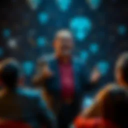Juan Juanito stands in front of a backdrop of stars, passionately discussing his experiences with aliens, as people listen attentively in a forum setting.