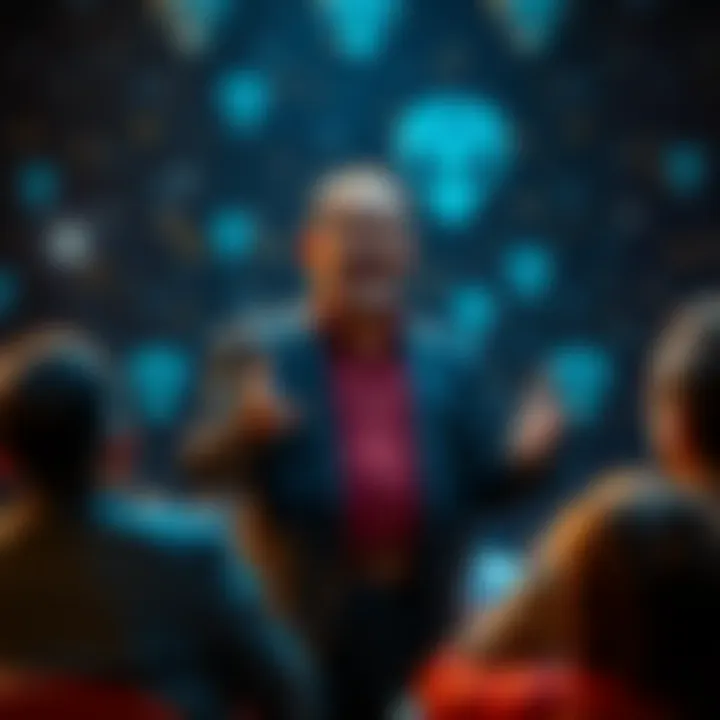 Juan Juanito stands in front of a backdrop of stars, passionately discussing his experiences with aliens, as people listen attentively in a forum setting.