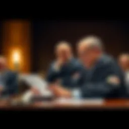 A judge in a courtroom reviewing documents, with concerned individuals in the background, highlighting a legal dispute over a fraud case.