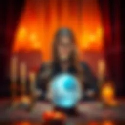 Judika Illes performing a spirit communication session with candles and a crystal ball in a dimly lit room
