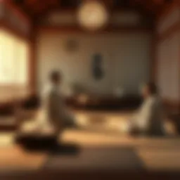 A Zen practitioner receiving jukai, surrounded by a peaceful setting with meditation cushions and flowers, highlighting the moment of adopting a dharma name.