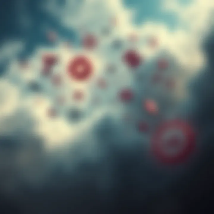 An abstract representation of a dream with random symbols and shapes floating in a cloudy background, showing the chaos of dream logic.