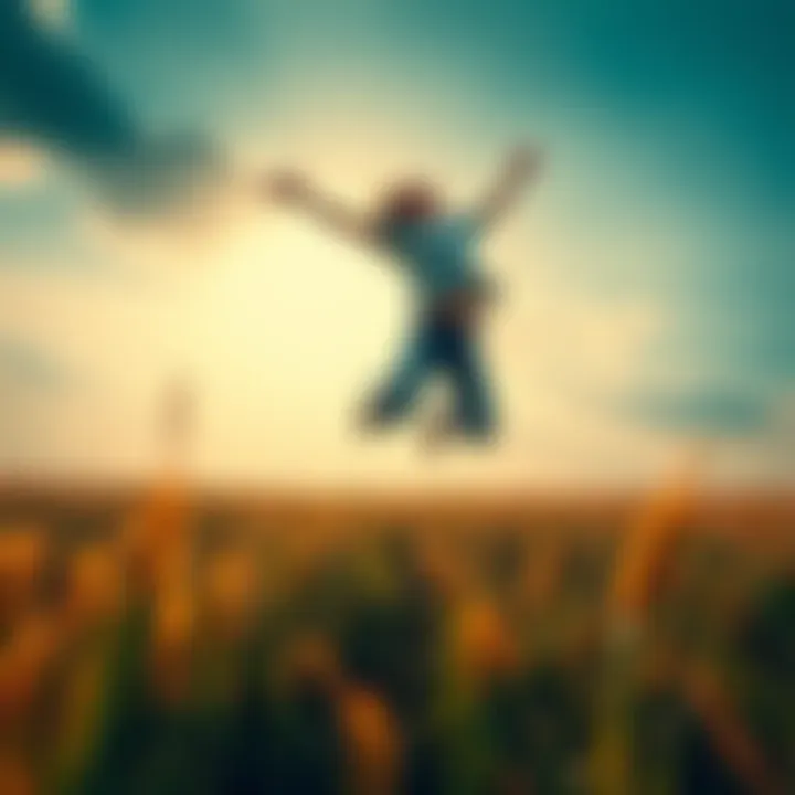A person jumping in a field, expressing happiness and seeking freedom from societal expectations.