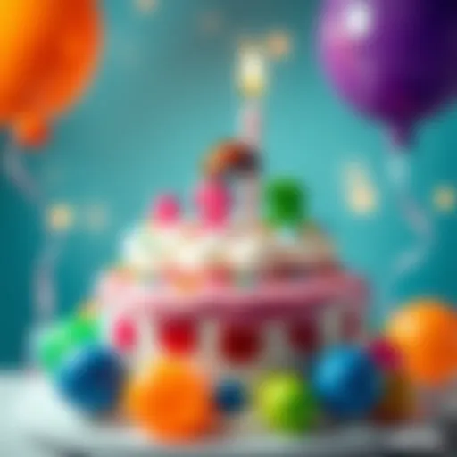 A friendly ladybug on a birthday cake surrounded by colorful balloons.