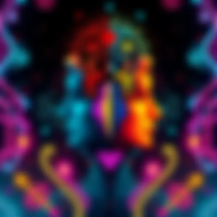 A split graphic showing the concept of anima and animus with symbols representing feminine and masculine traits, surrounded by colorful patterns symbolizing gender fluidity.