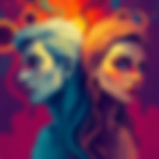 A visual representation showing a male and female figure representing Jung's concepts of anima and animus, with contrasting colors to highlight the differences and potential distortions in interpretation.