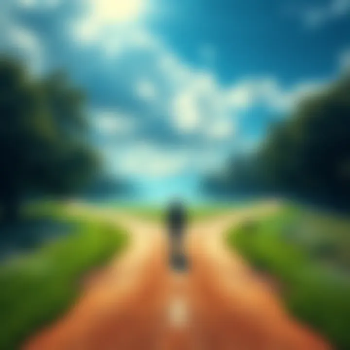 Jung's Perspective on Goal Setting A serene landscape showing a person standing at a crossroads, contemplating different paths, symbolizing choices in personal growth without strict goals.