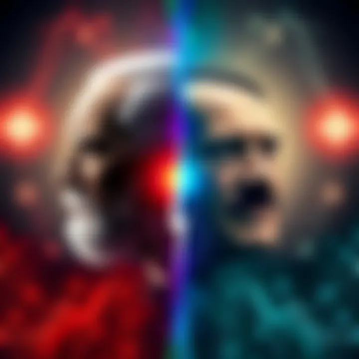 Illustration showing a split image of Carl Jung and Adolf Hitler with psychological symbols between them