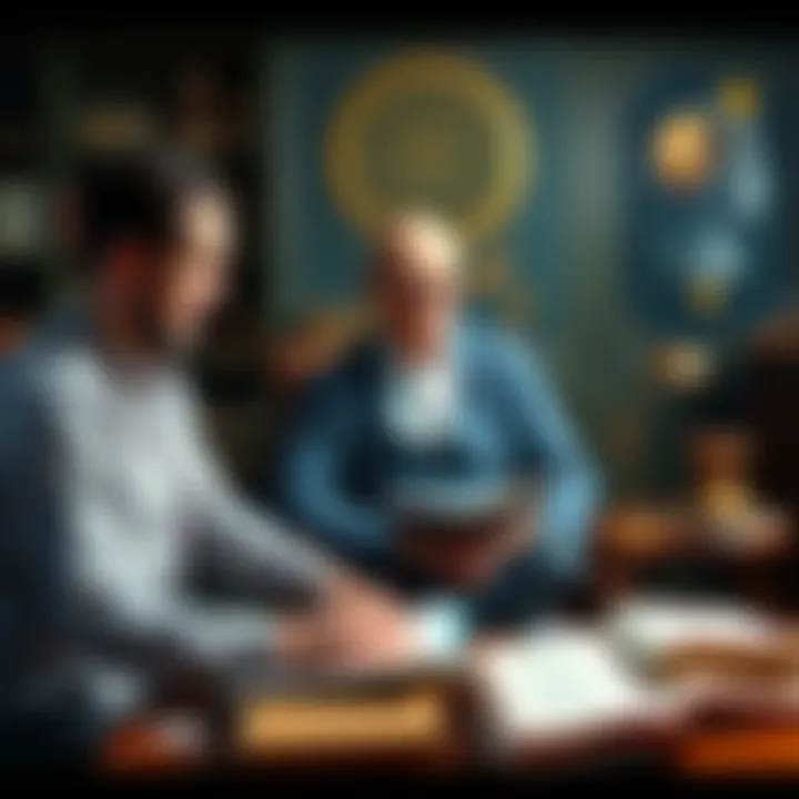 Jungian Analyst with Symbols A Jungian analyst sitting with a client, surrounded by books and symbols of psychology, including myths and archetypes.