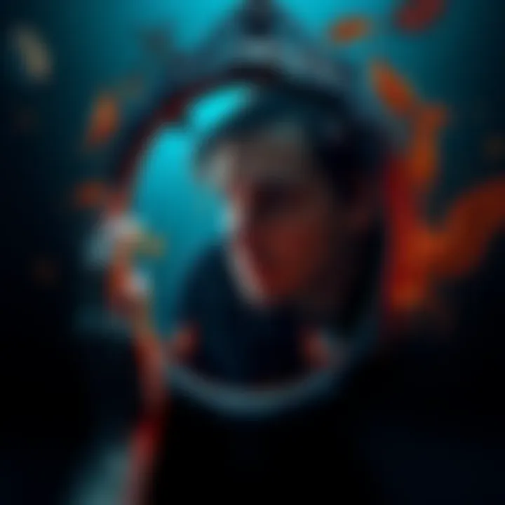 A person reflecting in a mirror, illustrating the shadow aspect of their personality, surrounded by symbols representing emotions and growth